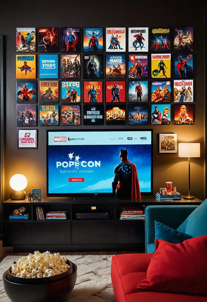 A cozy living room scene featuring a person lounging on a couch, surrounded by a large TV displaying a colorful array of on-demand streaming options. Snacks like popcorn and drinks are scattered around, with a digital clock showing time blending into chaos, symbolizing the shift from scheduled TV to binge-watching. The room is warmly lit, inviting, and filled with small hints of different genres: a superhero poster, a romantic movie stack, and sci-fi decorations. super-realistic. vibrant colors. cozy atmosphere.