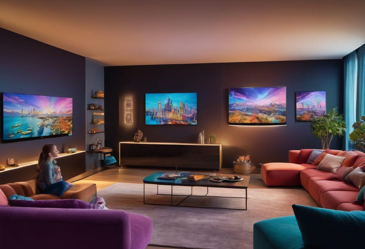 A futuristic living room showcasing a family immersed in streaming content on various screens, with holographic displays and virtual reality headsets, surrounded by popcorn and snacks. Illustrate the evolution of entertainment with a timeline on the wall depicting classic TV to modern streaming services, vibrant colors and dynamic lighting. super-realistic.