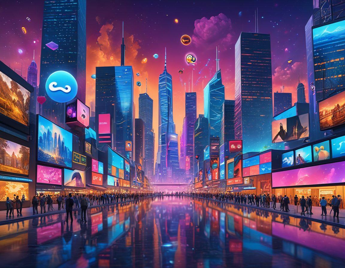 A vibrant digital landscape showcasing diverse viewers engaged with various screens displaying streaming content, surrounded by elements symbolizing interactivity and viewer engagement, such as emojis, chat bubbles, and social media icons. Include a futuristic city skyline in the background illuminated by the glow of digital displays. super-realistic. vibrant colors. 3D.